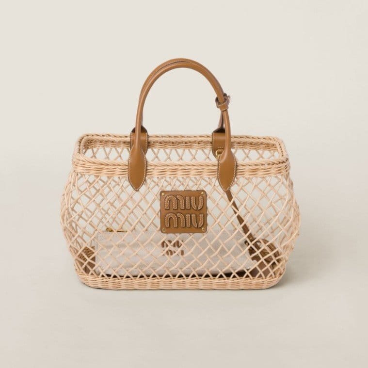 MIUMIU 미우미우 가죽 트리밍 우븐 패브릭 핸드백 5BA285