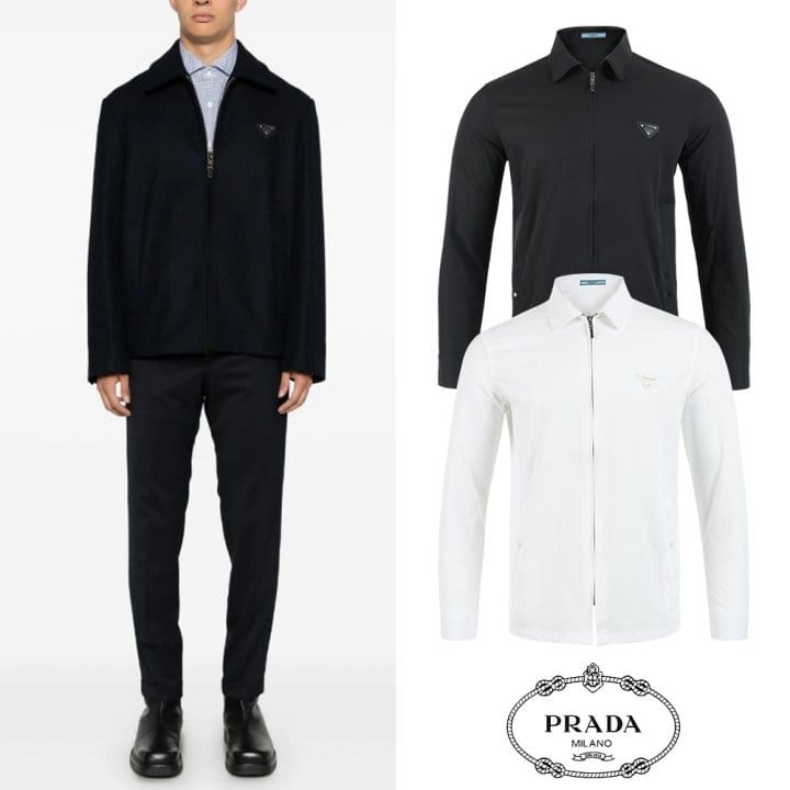 PRADA 프라다 클래식 레더 트라이앵글 집업 저지 셔츠